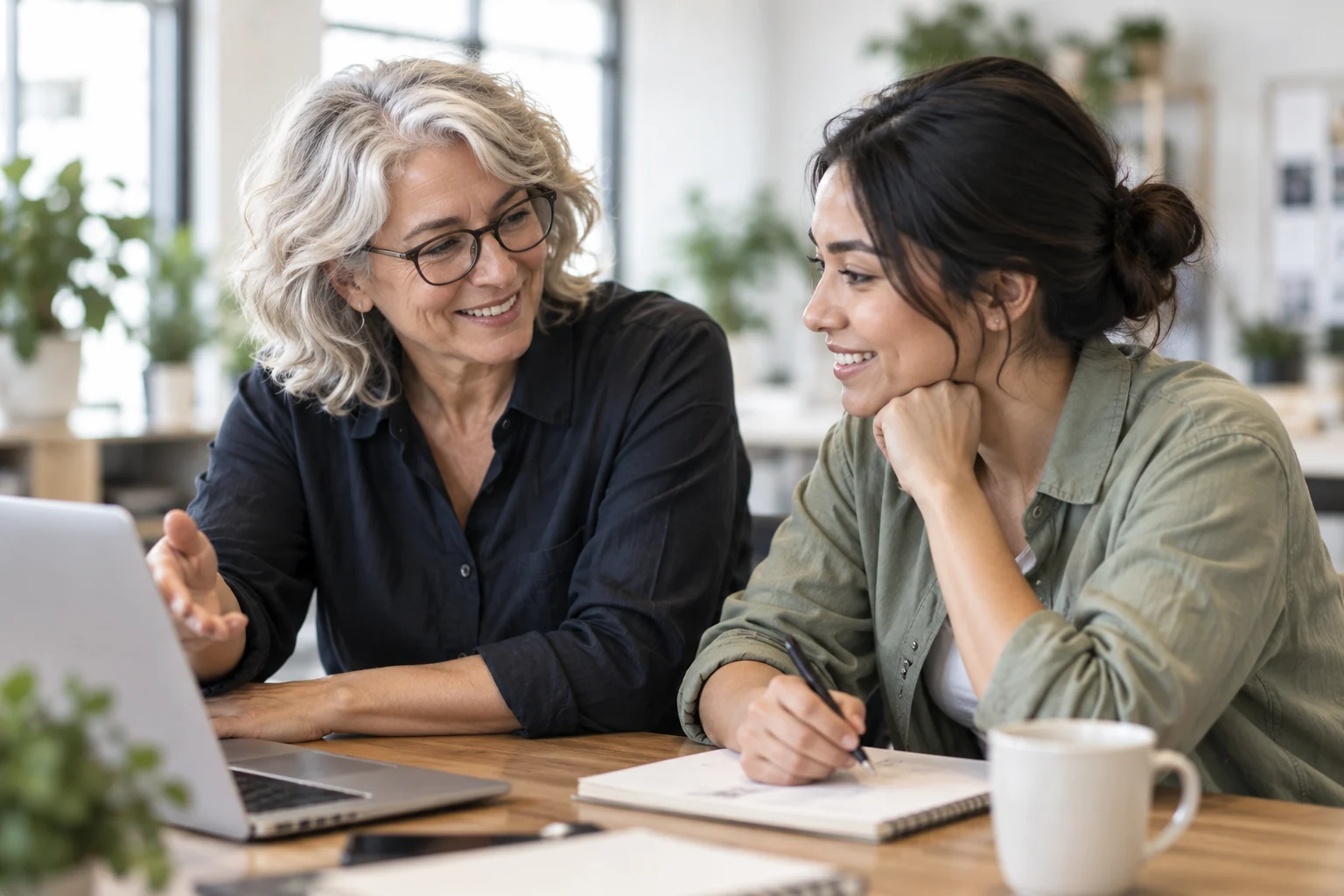 Illustrative experienced colleague supporting a younger colleague at a shared work table
